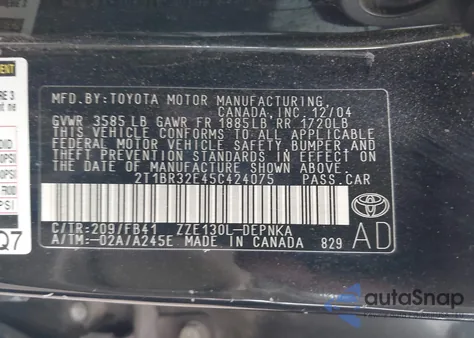 2005 Toyota Corolla Le z USA, uszkodzony, nr VIN 2T1BR32E45C424075